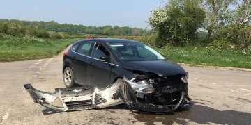 Road partially blocked after crash on countryside crossroads near Chippenham
