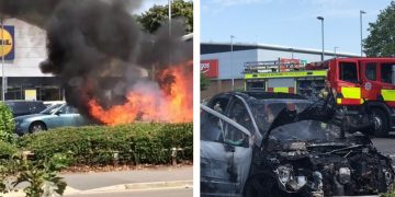 Firefighters battle car blaze in Lidl supermarket car park in Warminster