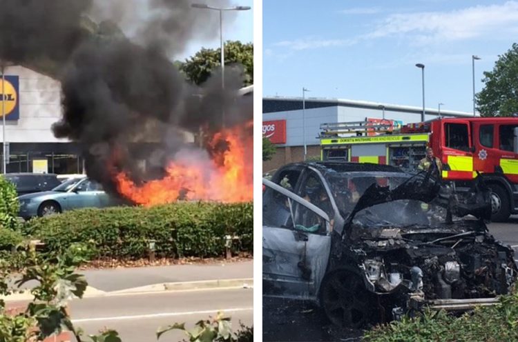Firefighters battle car blaze in Lidl supermarket car park in Warminster