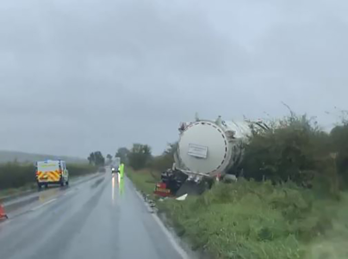 Swindon to Marlborough road after crash involving tractor and tanker