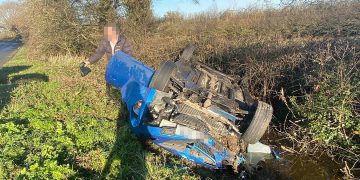 Christmas Day countryside crash: car overturns with family inside near Swindon