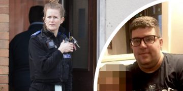 A PCSO guarding Brewer's former flat following the arson allegation (left), Jamie Brewer (right)