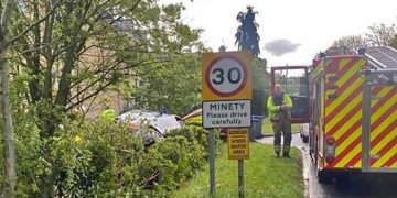 Car ends up in resident’s garden next to village ‘please drive carefully’ sign 
