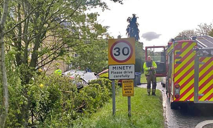 Car ends up in resident’s garden next to village ‘please drive carefully’ sign 