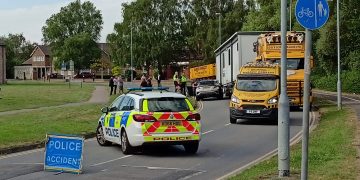 Swindon road blocked after car and a lorry towing a portacabin collide