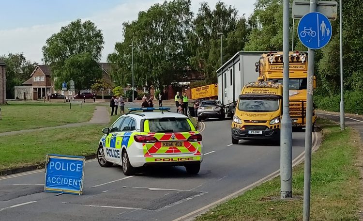 Swindon road blocked after car and a lorry towing a portacabin collide