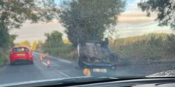 Road partially blocked near Chippenham after car overturns in dramatic crash