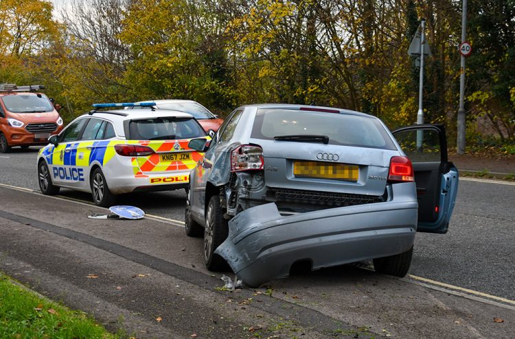 Driver mounts pavement in Trowbridge – demolishing sign and damaging car