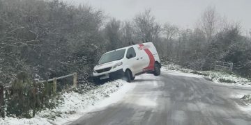 Van’s back end sticks in the air after ditch crash on icy Wiltshire route