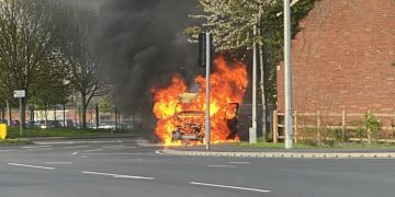 Swindon route partially blocked as van catches fire on busy roundabout