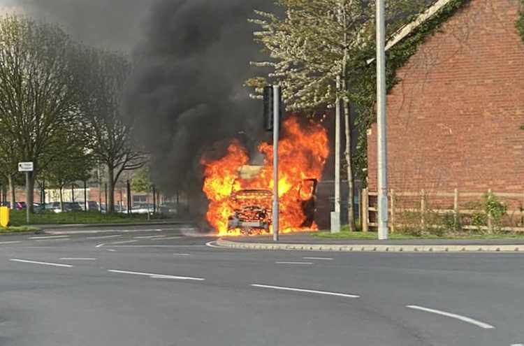Swindon route partially blocked as van catches fire on busy roundabout