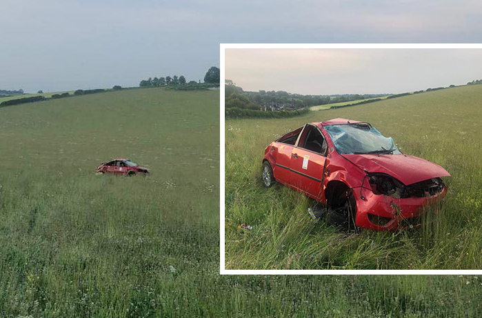Woman driver injured after car leaves A-road and rolls across field