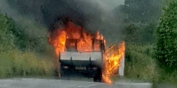 Van blaze blocks countryside road near Royal Wootton Bassett