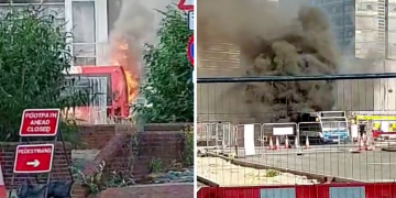 Traffic delays as bus explodes into flames in Swindon town centre