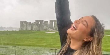 Love Island star soaked during visit to Stonehenge during downpour