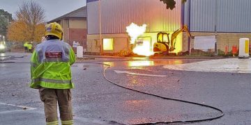 Ruptured gas pipe bursts into flames on Swindon industrial estate