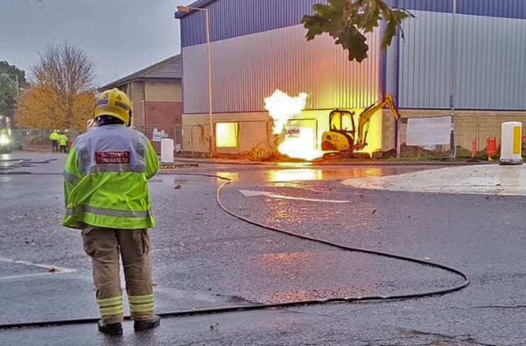 Ruptured gas pipe bursts into flames on Swindon industrial estate