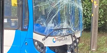 Crossroads partially blocked as bus involved in road traffic collision