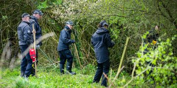 Police officers strim bushes and search alpaca farm in Wiltshire