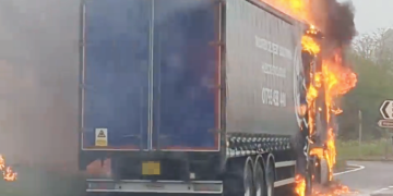 Lorry engulfed in flames as major A-road blocked by blaze