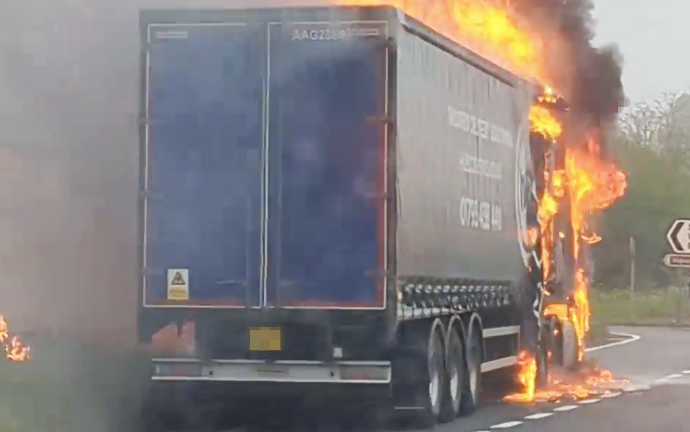 Lorry engulfed in flames as major A-road blocked by blaze