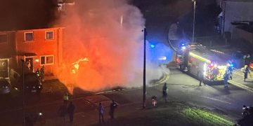 Car bursts into raging fireball after near-miss with house in Swindon