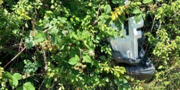 A bag of fly-tipping in a hedge
