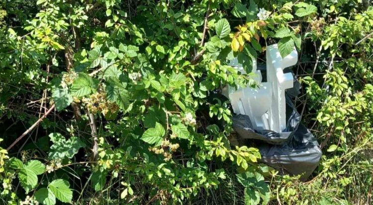 A bag of fly-tipping in a hedge