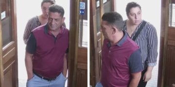 A composite image of two people. Ihe the first image we can see the man's face, in the second the woman's face. They are entering a building