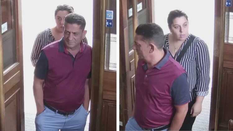 A composite image of two people. Ihe the first image we can see the man's face, in the second the woman's face. They are entering a building