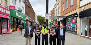 From left: PCC Philip Wilkinson, Community Safety Wardens, Inspector David Tippetts, Dean Tilling, Antisocial Behaviour Officer and Councillor Jim Grant in Swindon Town Centre, which is subject to a new Public Spaces Protection Order (PSPO) as part of a crackdown on anti-social behaviour