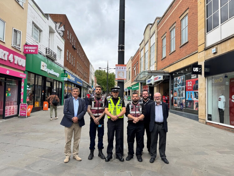 From left: PCC Philip Wilkinson, Community Safety Wardens, Inspector David Tippetts, Dean Tilling, Antisocial Behaviour Officer and Councillor Jim Grant in Swindon Town Centre, which is subject to a new Public Spaces Protection Order (PSPO) as part of a crackdown on anti-social behaviour