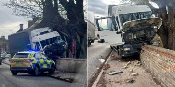Lorry driver reported for offence after hitting two walls in Bassett
