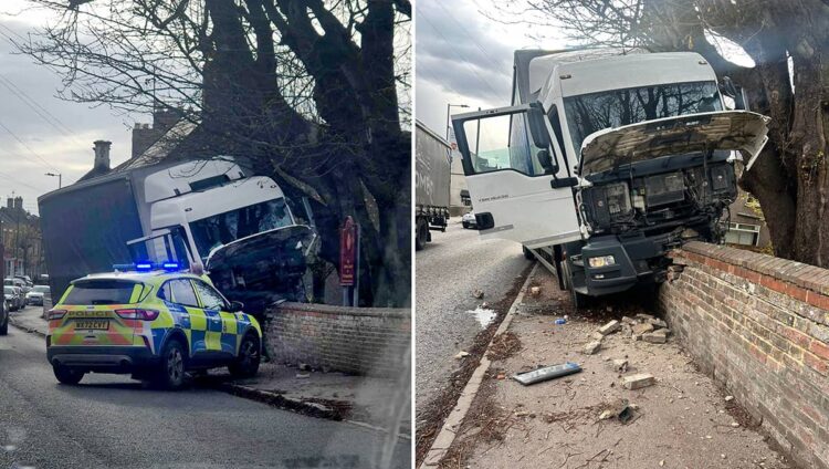 Lorry driver reported for offence after hitting two walls in Bassett