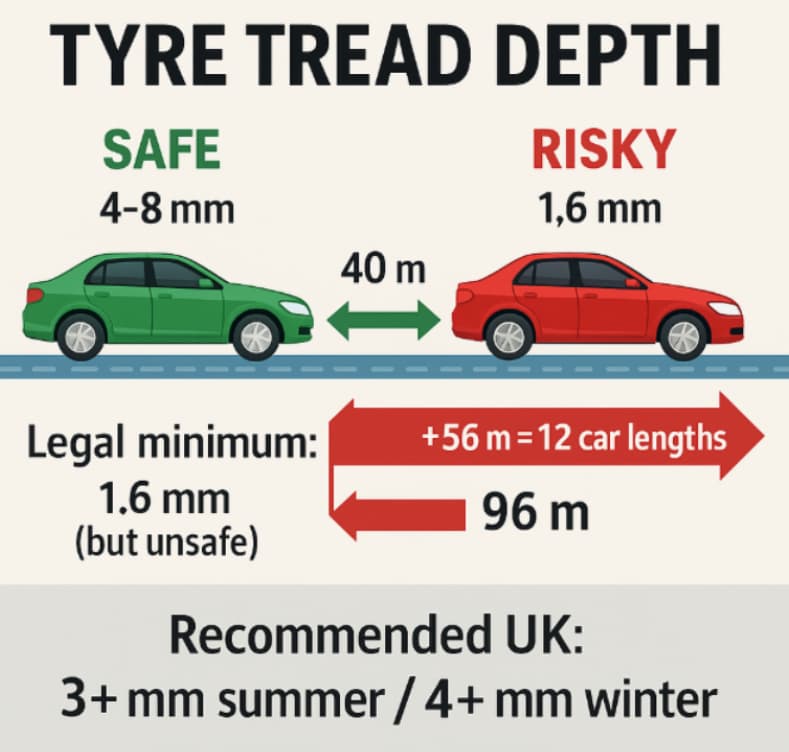 Infographic showing how tyre tread depth affects braking distance and safety