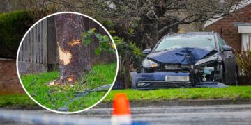 Car crashes into tree in Swindon as two people rushed to hospital