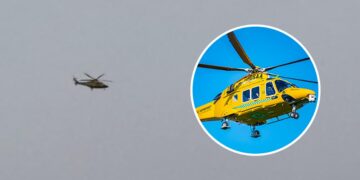 The brand new Dorset and Somerset Air Ambulance flying over Wiltshire