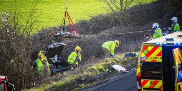 Unusual sight as injured woman winched up from ditch after M4 crash