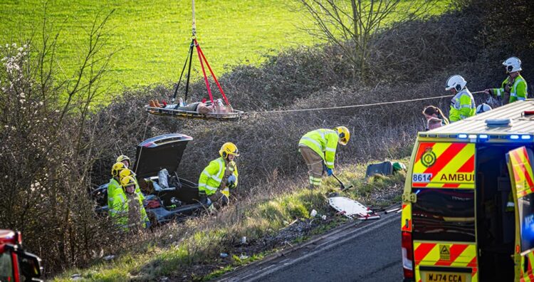 Unusual sight as injured woman winched up from ditch after M4 crash