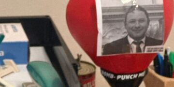 Photo of Wiltshire journalist stuck to punchbag in council office