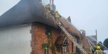 Firefighters scale ladder to attack thatch blaze in Wiltshire village