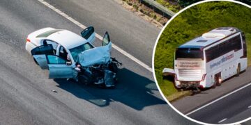 M4 closed after BMW smashes into National Express coach