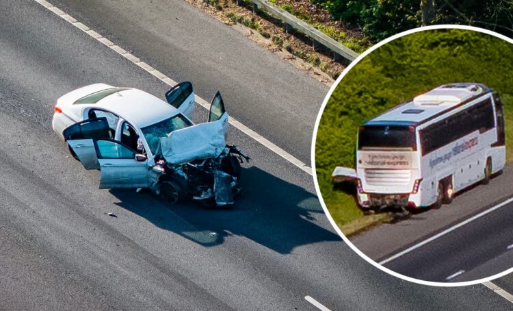 M4 closed after BMW smashes into National Express coach