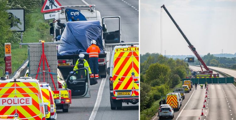 Crane recovers burnt-out wreck after woman, 18, killed in M4 crash