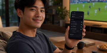 A man follows football match alerts on smartphone.