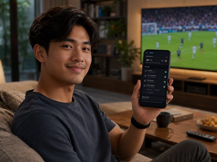 A man follows football match alerts on smartphone.