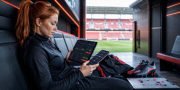 Woman holds a tablet and phone with betting interfaces in a stadium tunnel