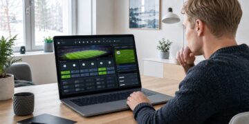 Man views a football betting interface on a large laptop